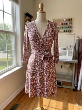 Pink & Brown Faux Wrap Dress Size 8 Abstract Geometric Retro Luxe Made in USA